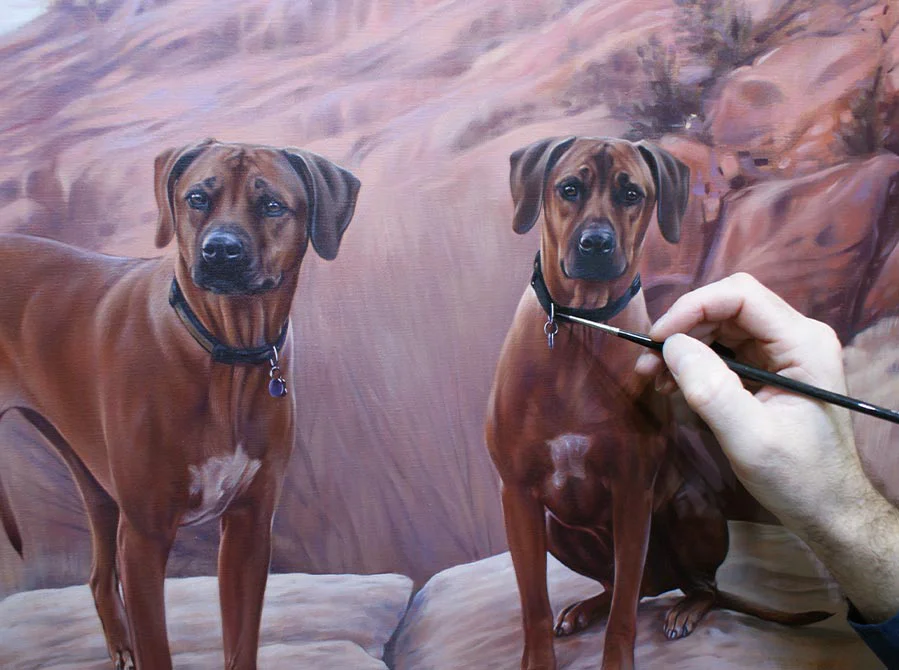 Rhodesian Ridgeback Dogs in Landscape – Oil Painting Progress, figures developing Progress shot of Rhodesian Ridgeback dogs being painted into the landscape oil painting