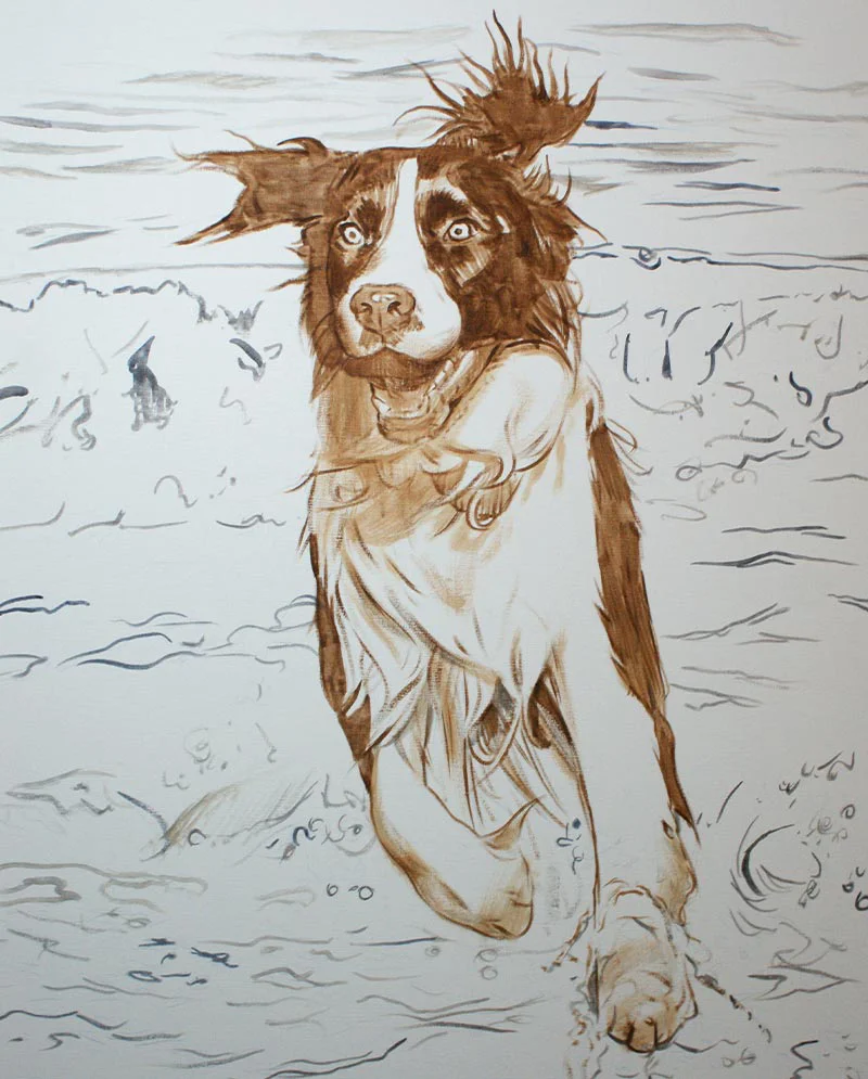 Spaniel Jumping in Water – Initial Painting Stage Oil painting of Banjo the Spaniel in its initial stage, capturing the dog jumping in water.