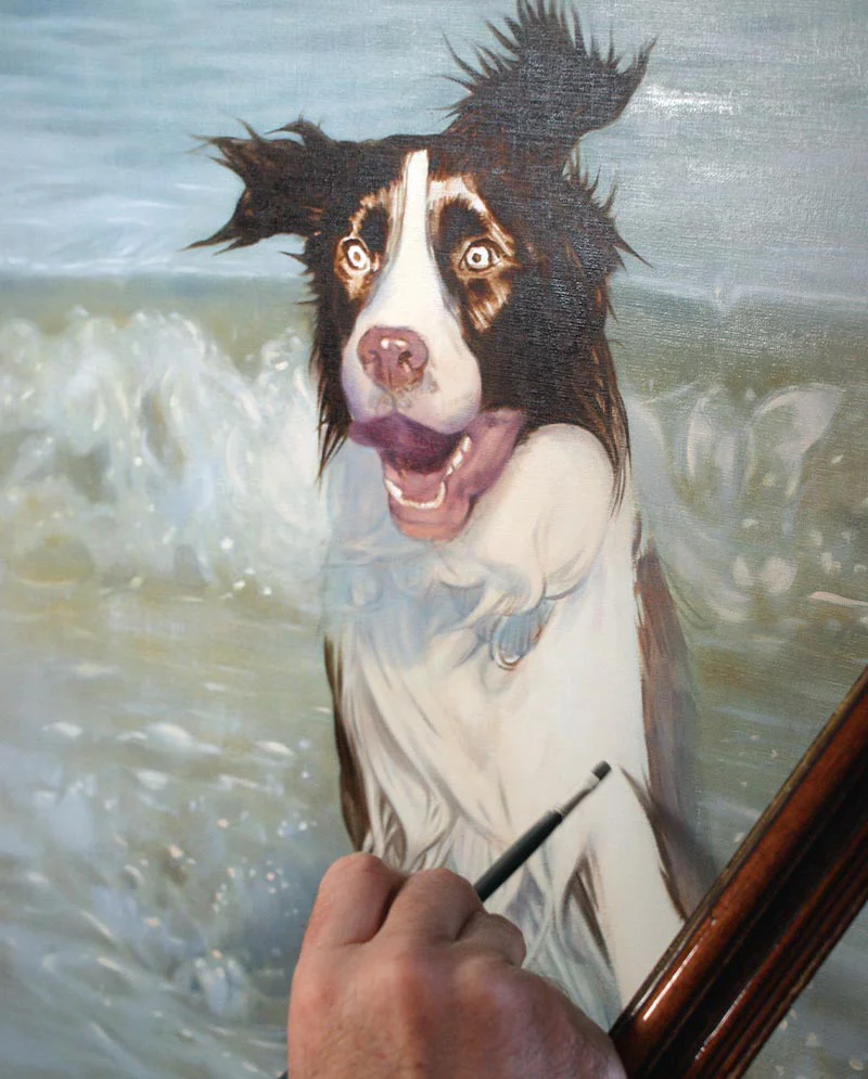 Work in Progress – Spaniel Splashing into Water Work in progress on the Spaniel portrait, showing Banjo splashing into water with dynamic movement.