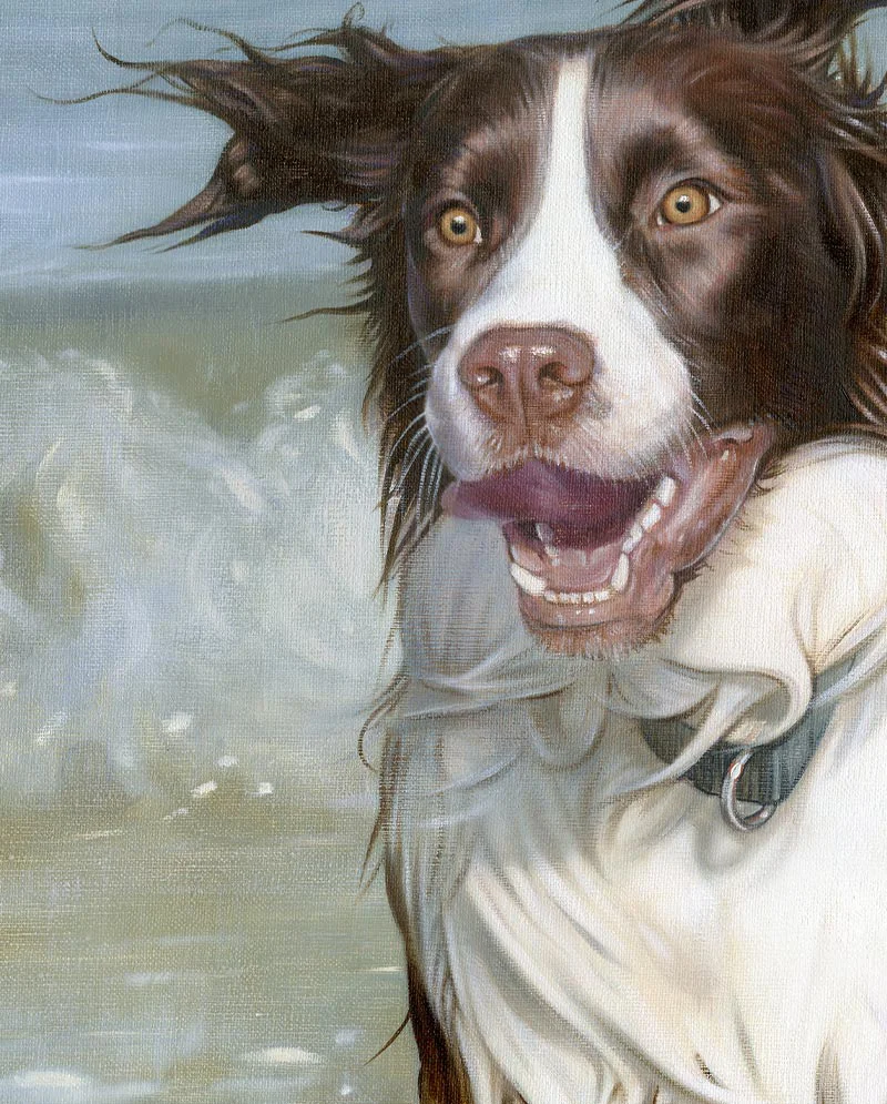 Close-Up Detail – Spaniel in Water Close-up detail of Banjo the Spaniel in water, highlighting brushwork and realistic water texture.