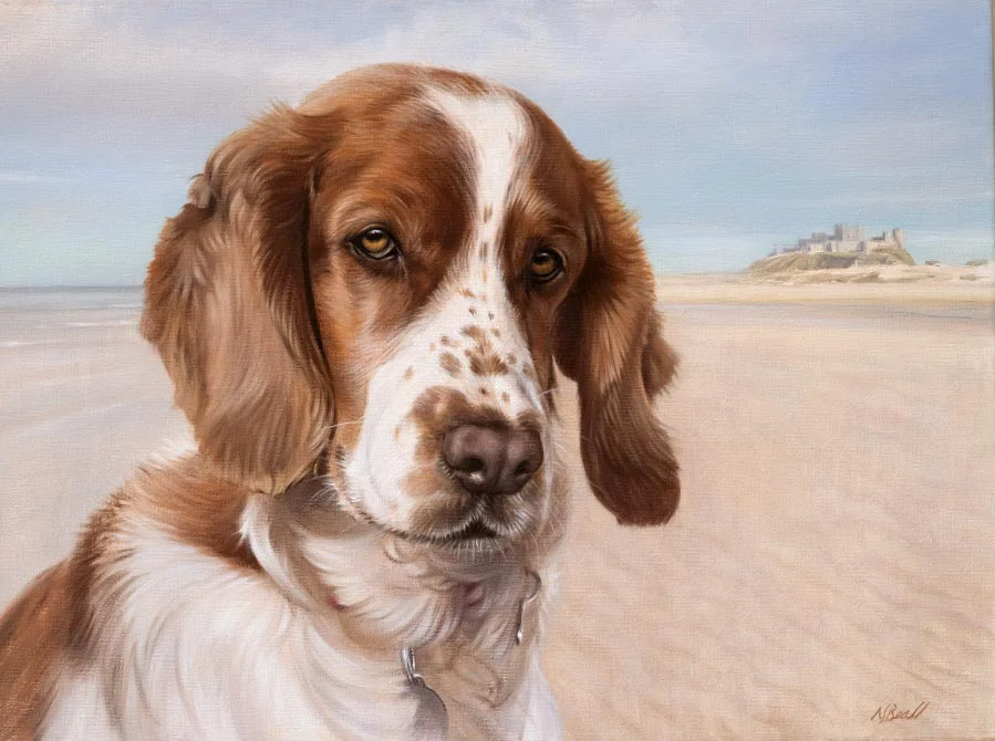 Oil painting of Millie, a gentle Spaniel dog, showcasing her soft eyes and characteristic ears, by Nicholas Beall.