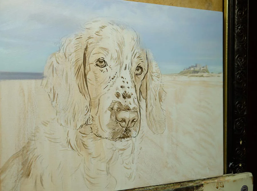 Work in Progress – Spaniel Oil Painting, early stages Work in progress of the Spaniel oil painting showing initial background and dog form