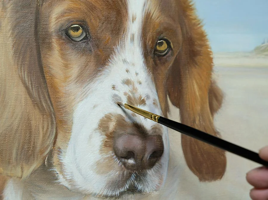 Detailing Fur and Features – Spaniel Painting, intricate work Close-up showing detailing of fur and features on the Spaniel painting