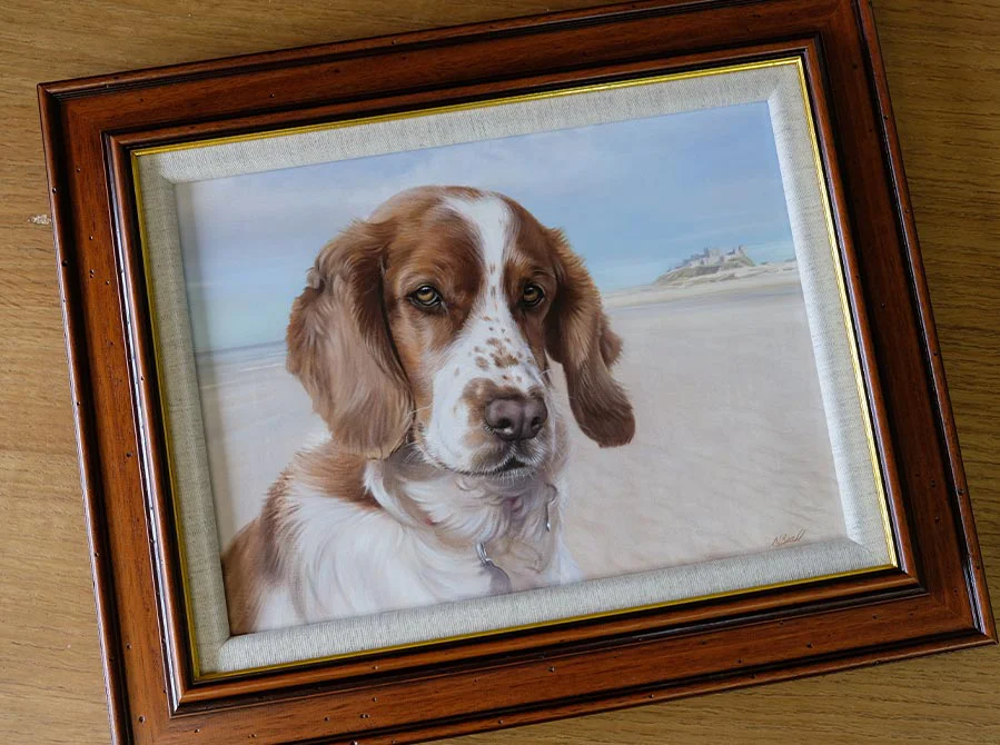 Framed Spaniel Oil Portrait, a timeless piece Beautifully framed oil portrait of Millie the Spaniel with Bamburgh Castle