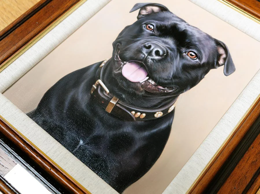 Close-Up of Nell’s Portrait, intricate details Close-up detail of Nell’s Staffy portrait, highlighting the brushwork on her face
