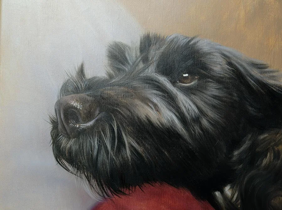 Tibetan Terrier Portrait in Progress on Easel, mid-painting Tibetan Terrier portrait in progress on an easel, demonstrating the artist's work
