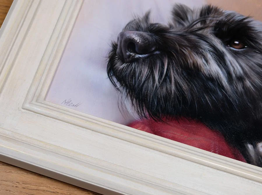 Framed Tibetan Terrier Painting in Client's Home, part of the family Framed Tibetan Terrier painting, Lottie, hanging in the client's home