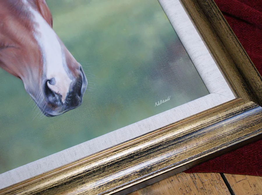 Horse Oil Painting – Framed and Displayed Horse oil painting of Cool Clover, framed and displayed.