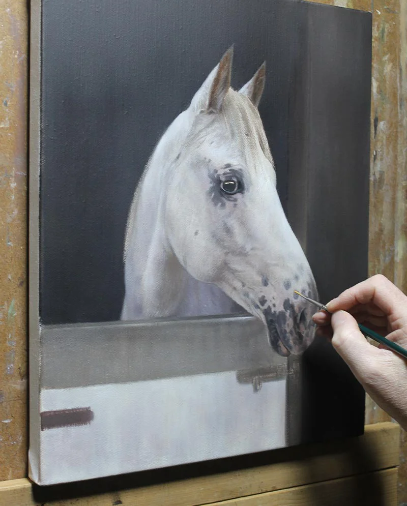 Oil Horse Painting – Work in Progress by Nicholas Beall Oil horse painting of Ariel, work in progress by artist Nicholas Beall, showing developing detail.