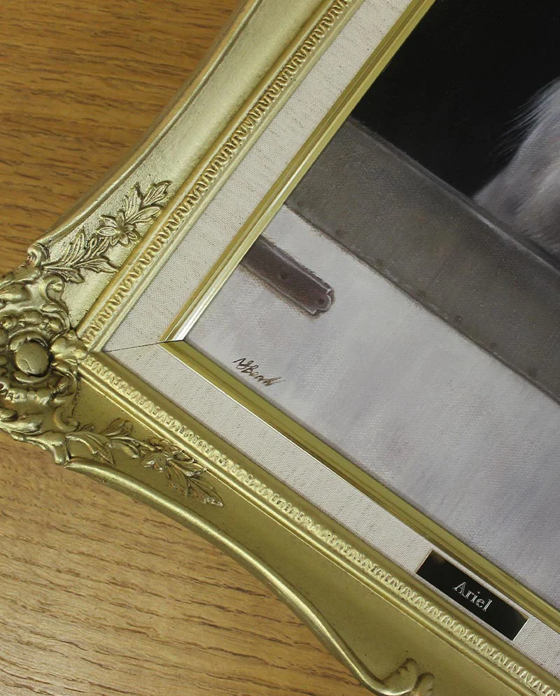 Close-Up of Framed Horse Portrait Close-up of the framed horse portrait of Ariel, highlighting the detail and frame.