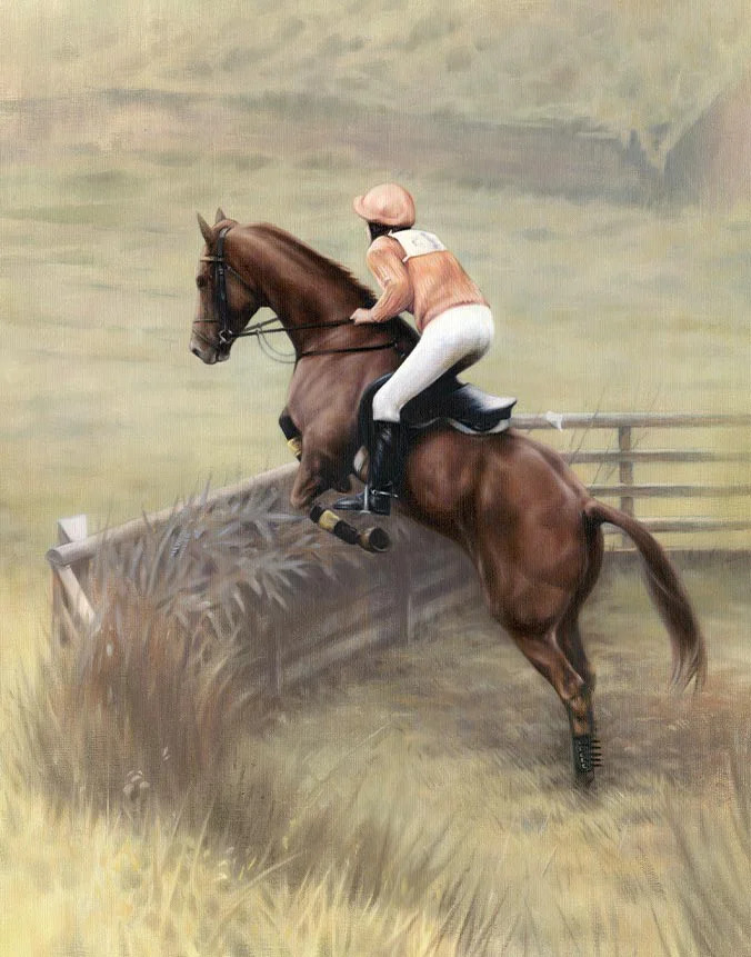 Frizbee the horse, oil painting of jumping scene by Nicholas Beall