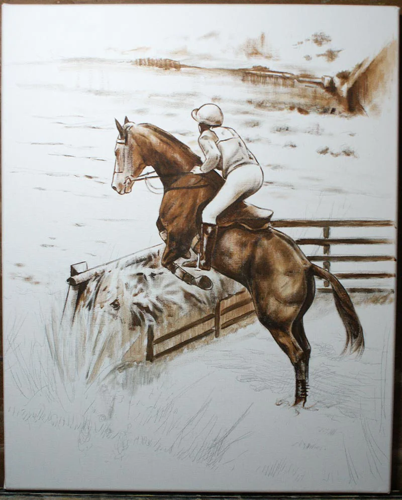 Horse Jumping Oil Painting – Initial Layers Horse jumping oil painting showing initial layers and blocking in of colors.