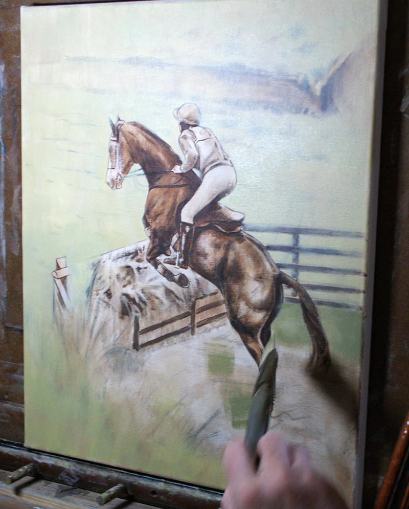 Equestrian Portrait in Oils – Painting in Progress Equestrian portrait of Frizbee in oils, showing painting in progress.