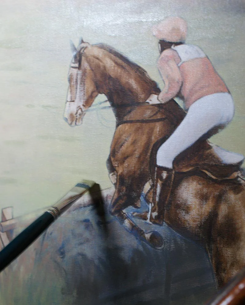 Horse Jumping Scene – Oil Portrait Progress Horse jumping scene in oil portrait showing further progress and refined details.