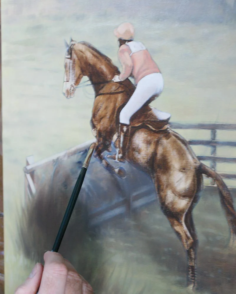 Detail of Horse and Rider in Oils Detailed view of horse and rider in oils, highlighting intricate brushwork.