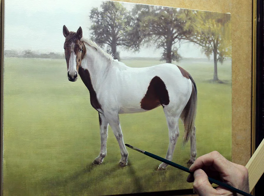 Equine Oil Painting – Final Layers Developing Equine oil painting showing final layers developing and intricate details.