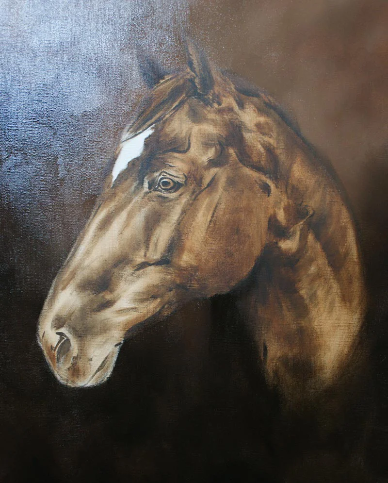 Horse portrait of George work in progress, with developing features.