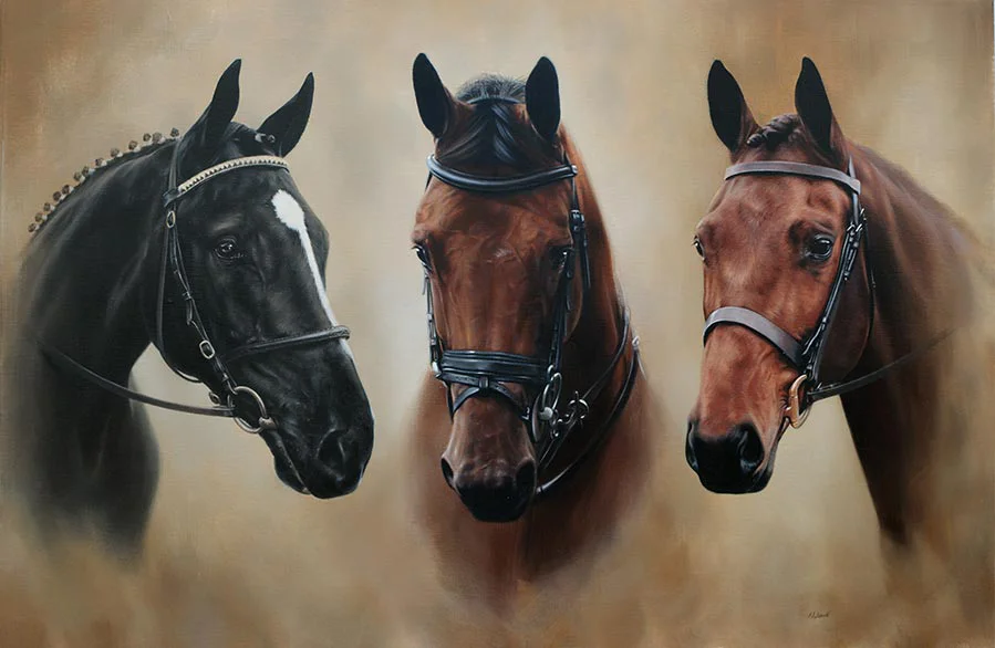 Framed Three Horse Portrait of Gatsby, Missy, and Moriarty The three horse oil portrait, Gatsby, Missy, and Moriarty, elegantly framed
