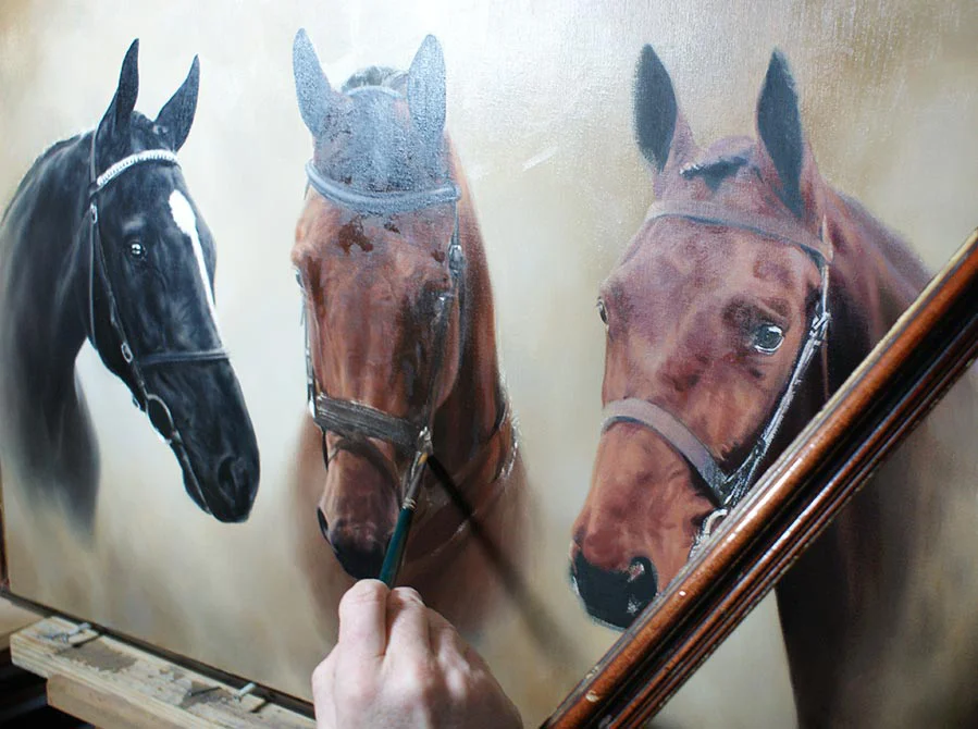 Blocking in the Background of Three Horse Portrait, setting the scene Artist blocking in the background colors and details for the three horse portrait