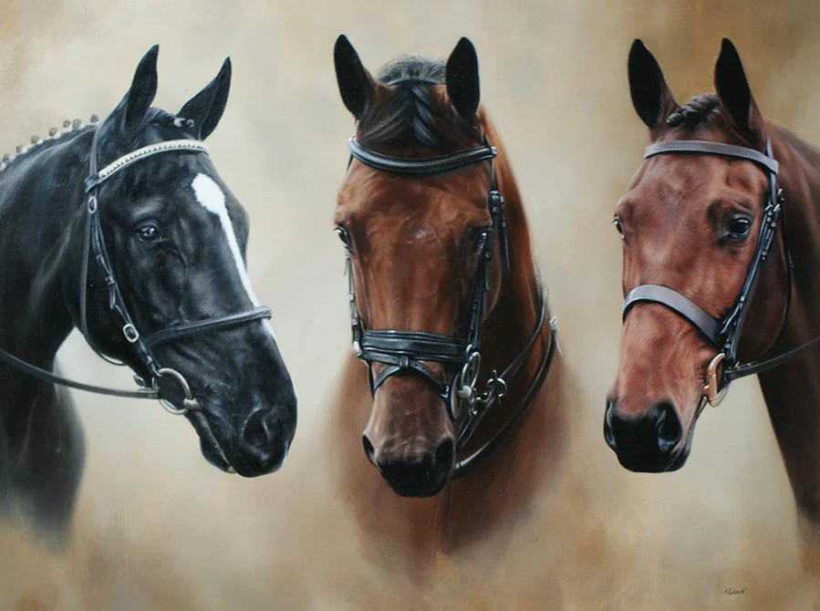 Three Horse Oil Painting Development Stage, refining forms Development stage of the three horse oil painting, adding detail to the horses
