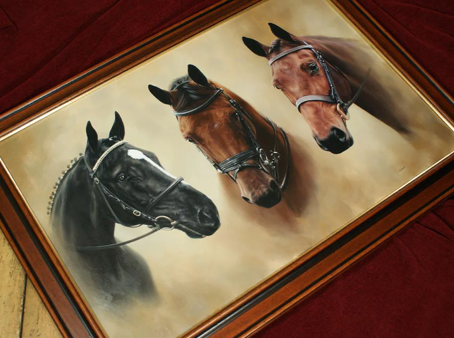 Framed Three Horse Portrait, a complete masterpiece The finished three horse oil portrait, Gatsby, Missy, and Moriarty, beautifully framed