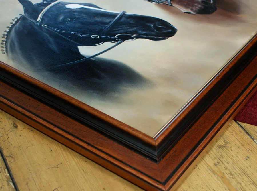 Three Horse Portrait Hanging in Client's Home, showcasing its impact Three horse portrait hanging prominently in the client's home