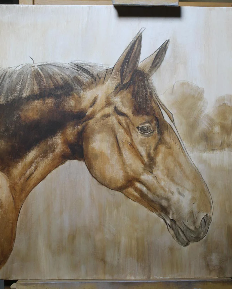 Horse Portrait in Progress – Early Layers Horse portrait of Tequilla in progress, showing early layers of paint.