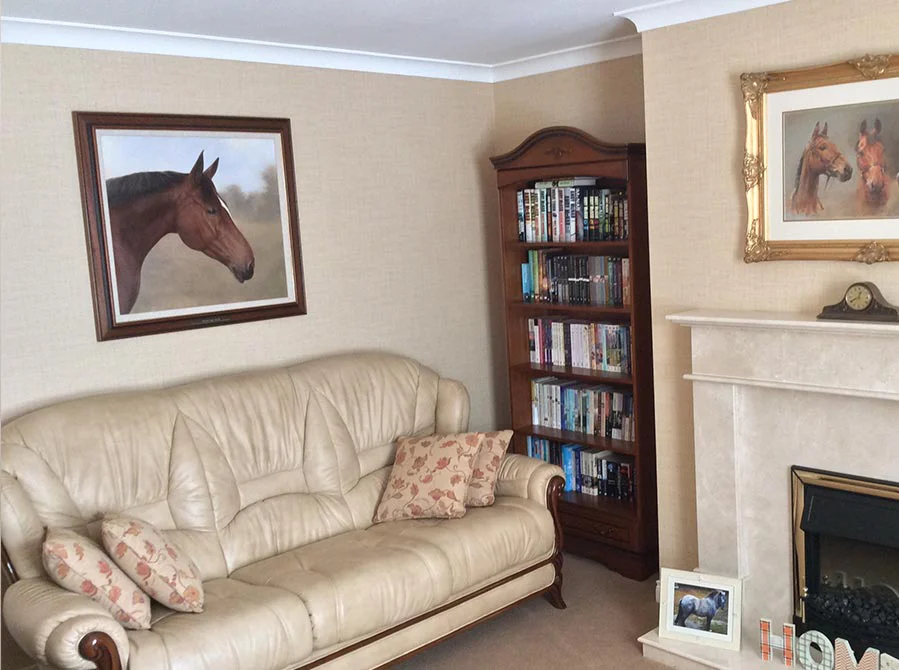 Horse Oil Painting – Client Photo at Home Horse oil painting of Tequilla, shown in a client photo at home.