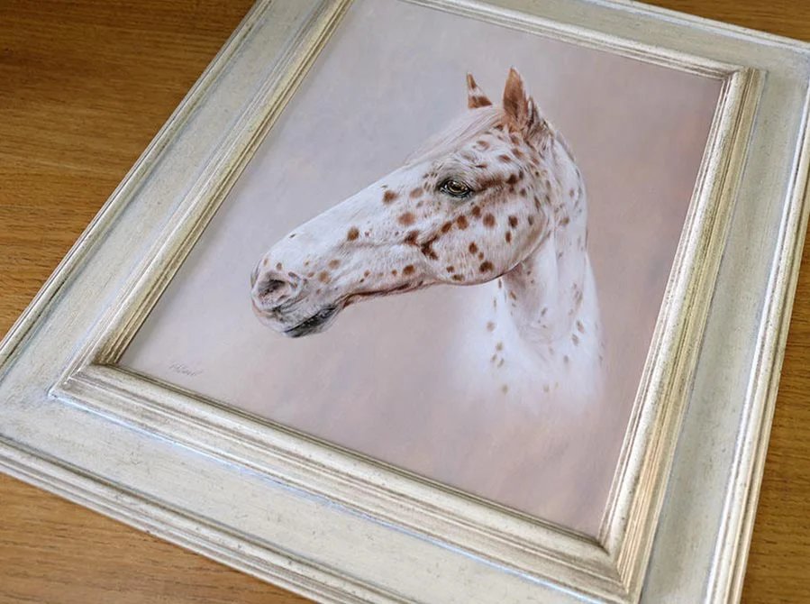 Horse Oil Painting – Framed and Displayed Horse oil painting, framed and displayed to show its presentation.