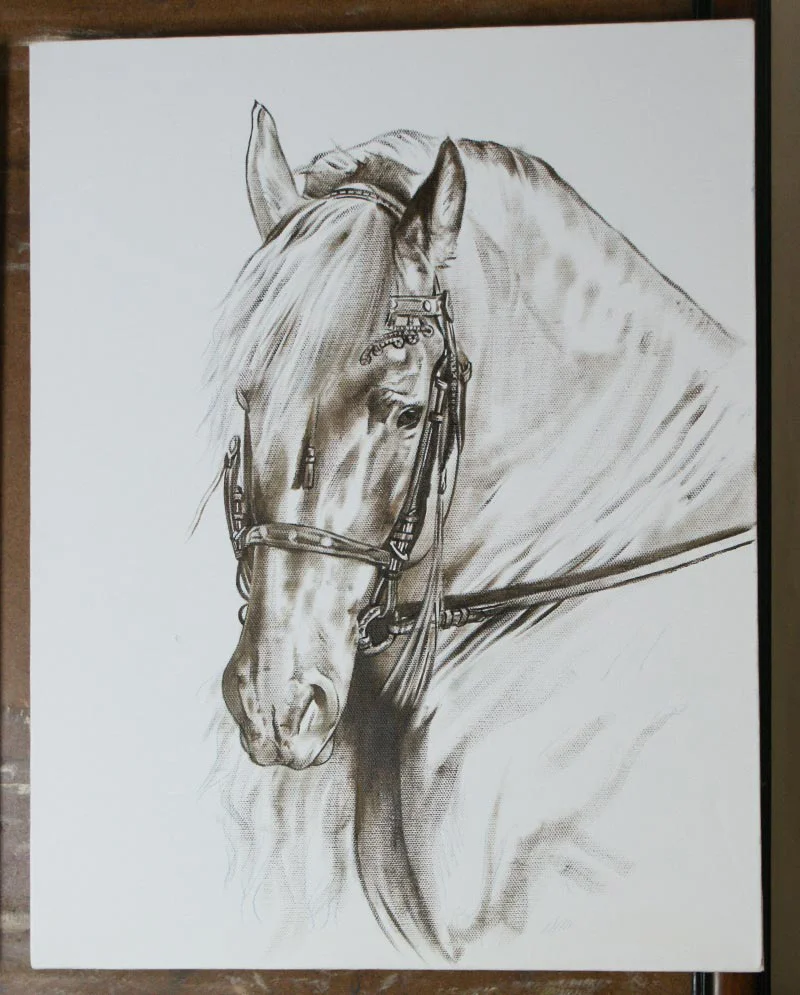 Horse Portrait in Oils – Early Work in Progress Horse portrait of Eric in oils, showing early work in progress with initial forms and colors.