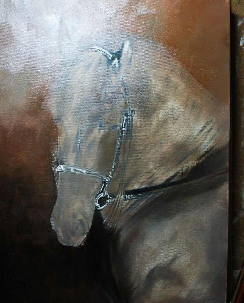 Oil Painting of Horse – Underpainting Stage Oil painting of Eric the horse during the underpainting stage, establishing base tones.