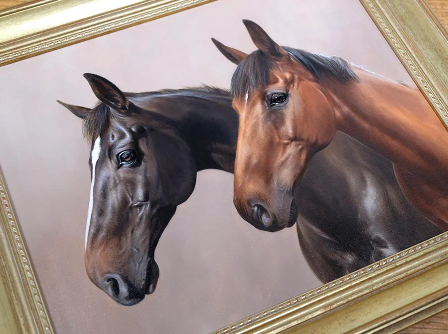 Framed Double Horse Portrait in Oils Framed double horse portrait of Alfie and Max in oils.