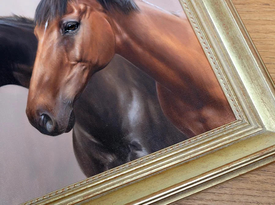 Double Horse Portrait – Close-Up or Framed View Double horse portrait of Alfie and Max, showing a close-up or framed view.