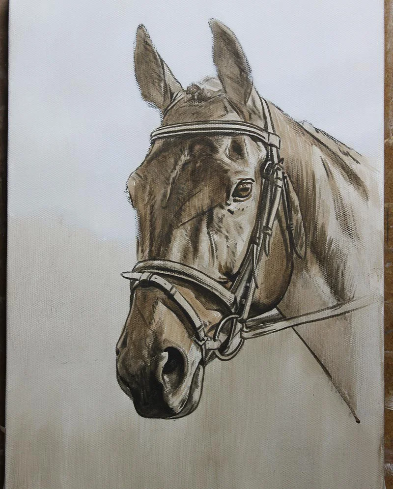 Horse Portrait – Underpainting Stage Horse portrait of Leah showing the underpainting stage.
