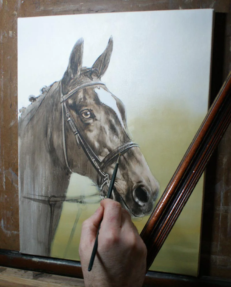 Horse Portrait Oil Painting – Initial Underpainting Horse portrait oil painting of Ebony showing the initial underpainting stage.