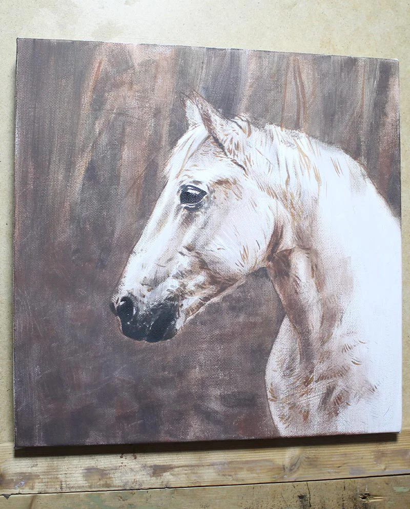 Horse Oil Painting in Progress Horse oil painting of Chico in progress, showing initial layers.