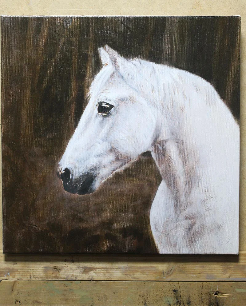 Layering Detail – Horse Portrait Layering detail on the horse portrait of Chico, showing brushwork.