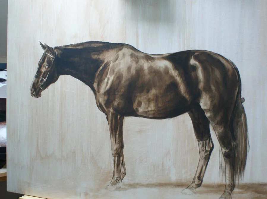 Full Body Horse Portrait – Early Layers in Oils Full body horse portrait of Lockhart showing early layers in oils, establishing form.