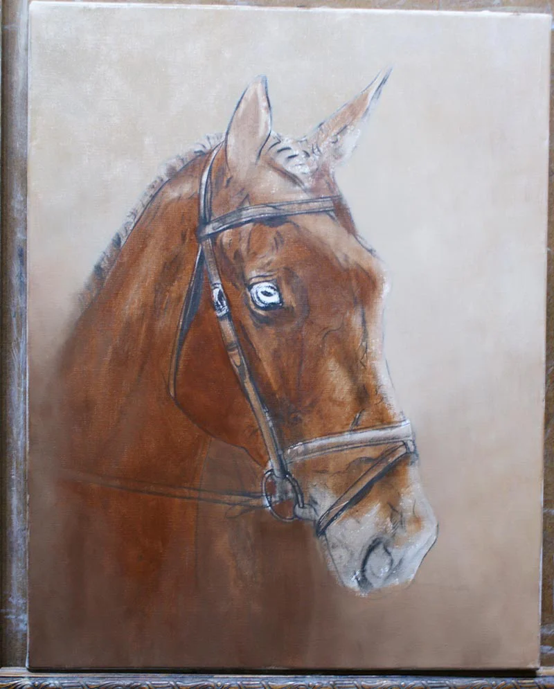 Horse Portrait in Progress – Oils Horse portrait of Harry in progress, showing early oil layers.