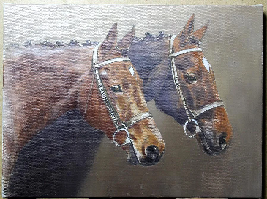Horse Portrait Blocking In – Oils Horse portrait of Jubilee and Trinity, showing blocking in of oils.
