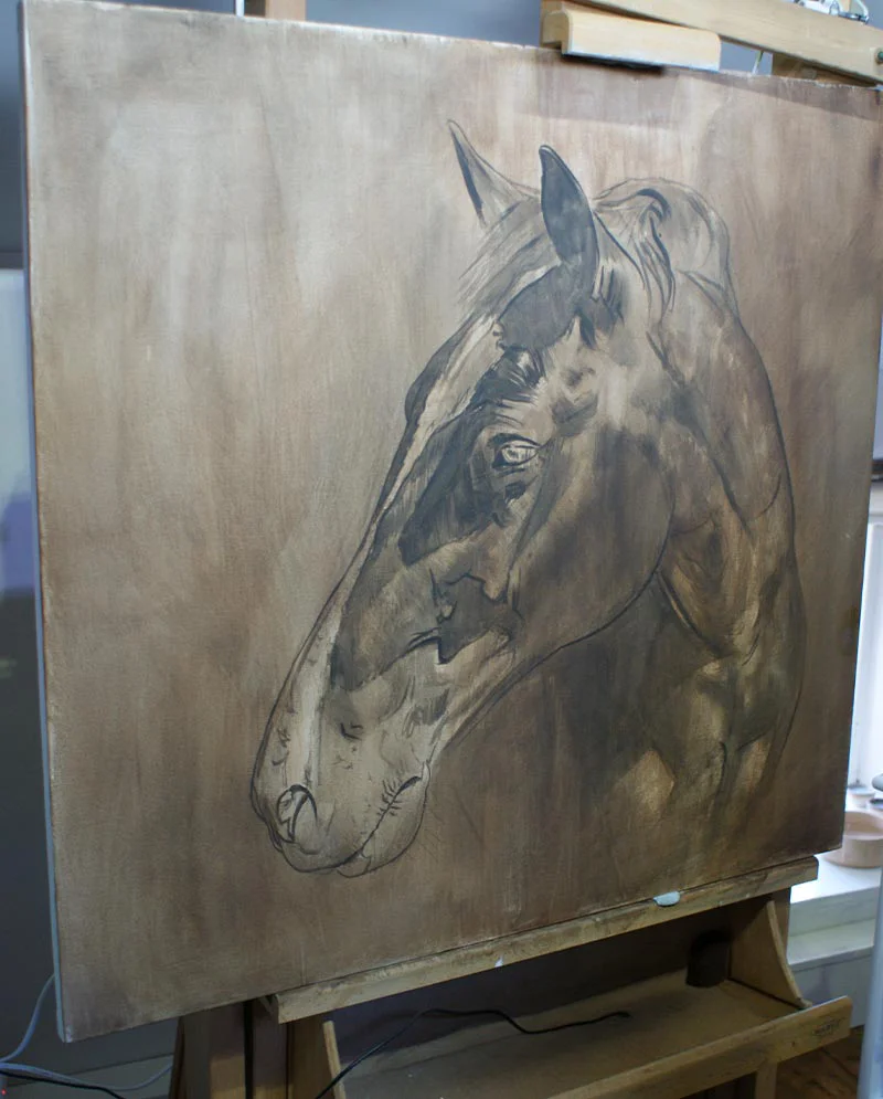 Large Horse Portrait of Billy in Oils Large horse portrait of Billy in oils, showing early stages of painting.