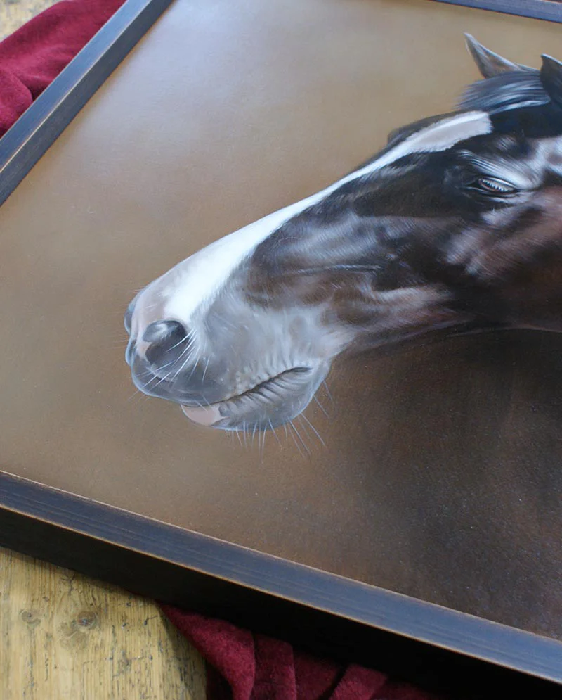 Framed Oil Portrait of Billy the Horse Framed oil portrait of Billy the horse, showcasing the final artwork.