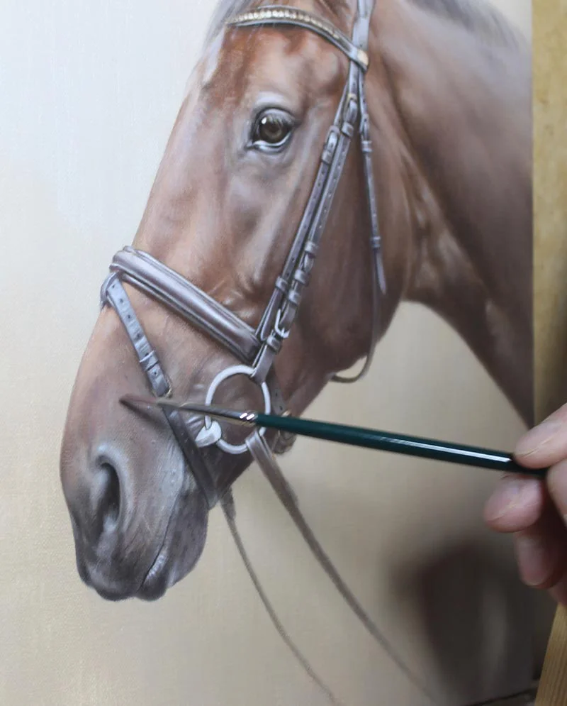 Close Up During Painting – Inca Close-up view of Inca’s horse portrait during the painting process.
