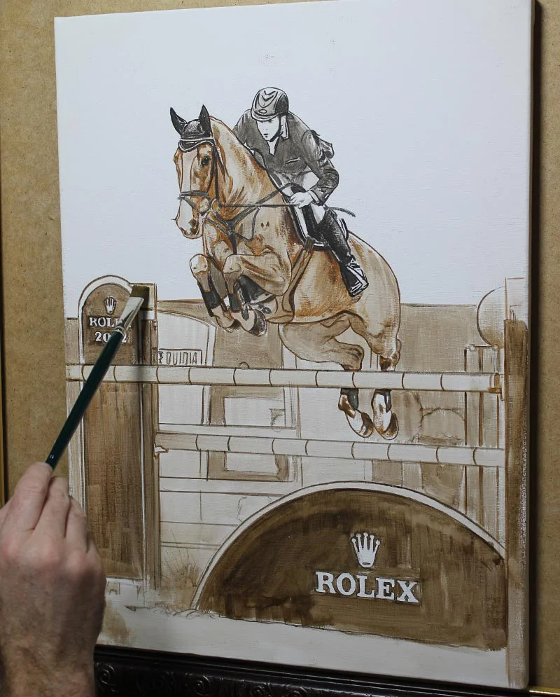 Horse Portrait Oil Painting in Progress Horse portrait oil painting of CC Top in progress, showing early stages.