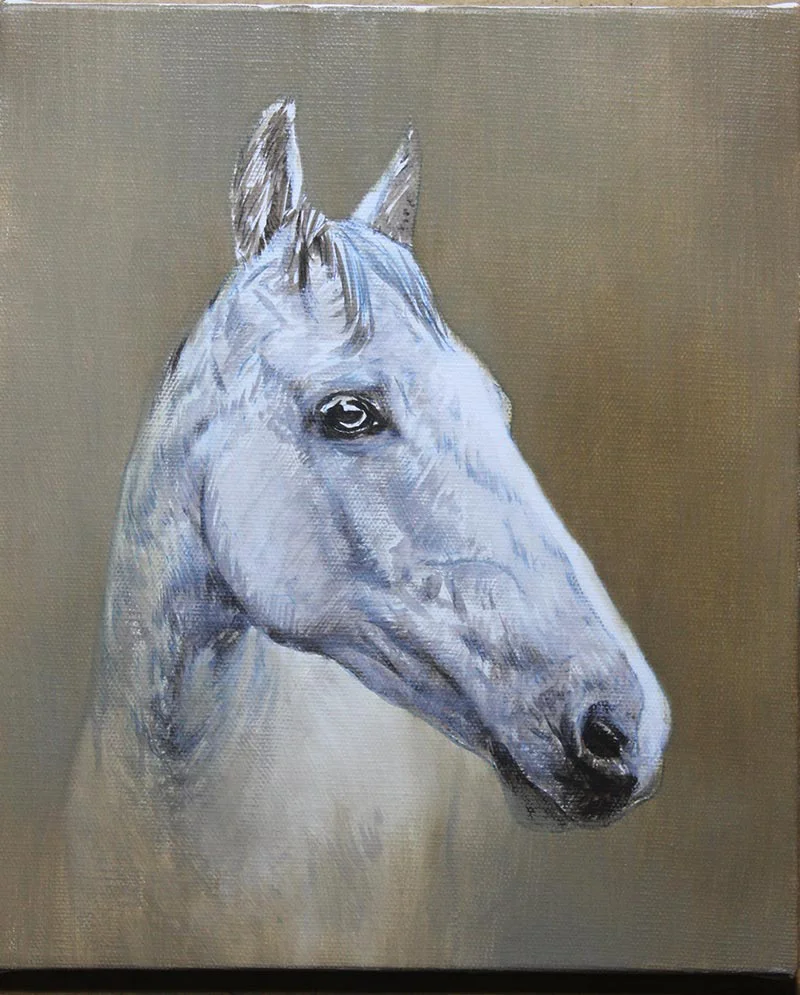 Work in progress of an oil painting, focusing on the head study of Artu the horse, showing initial layers and form.