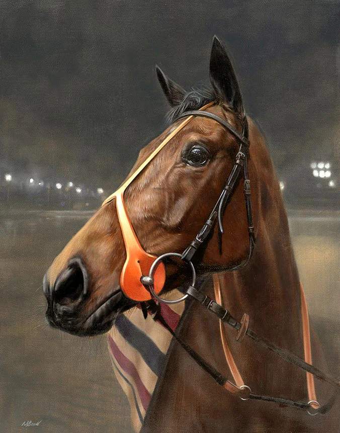Oil Portrait of Amosite, a powerful racehorse Vibrant oil portrait of the race horse Amosite with a detailed racetrack background