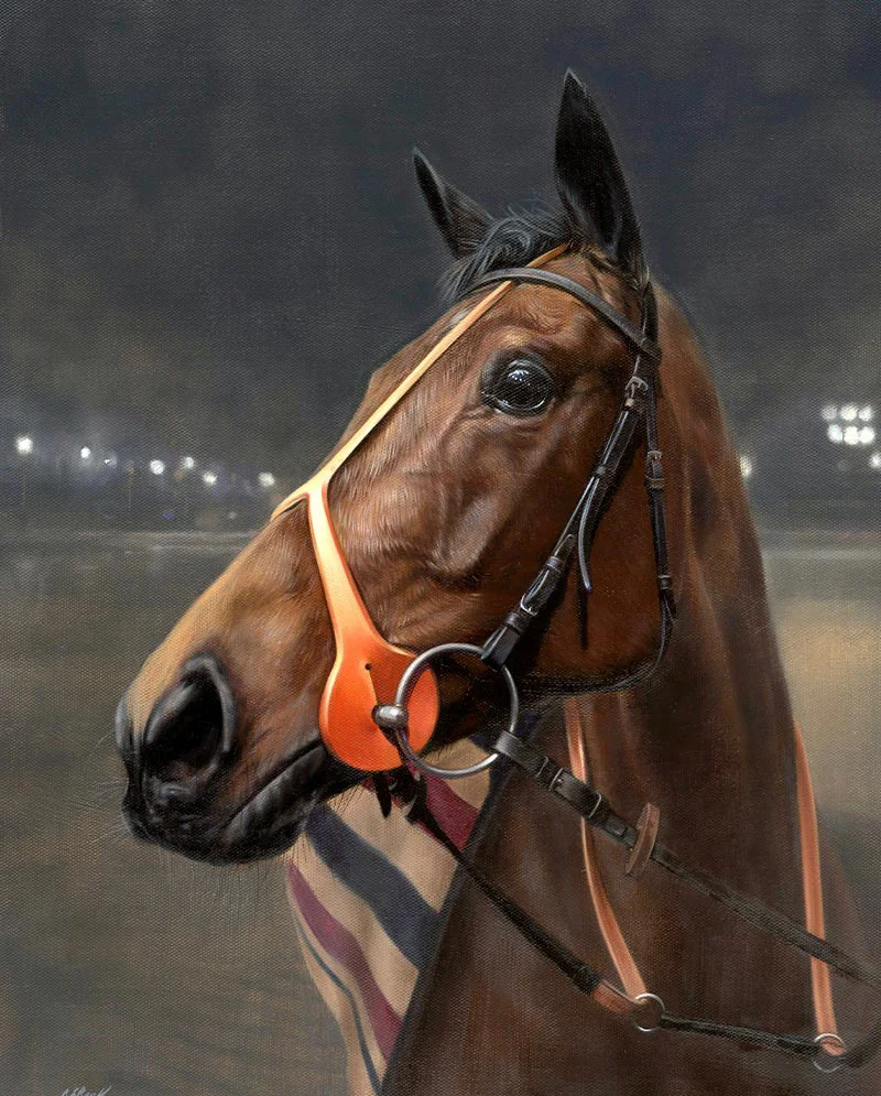Framed Race Horse Portrait Hanging in Home, elegant presentation Custom framed oil portrait of Amosite the race horse, displayed in a home setting
