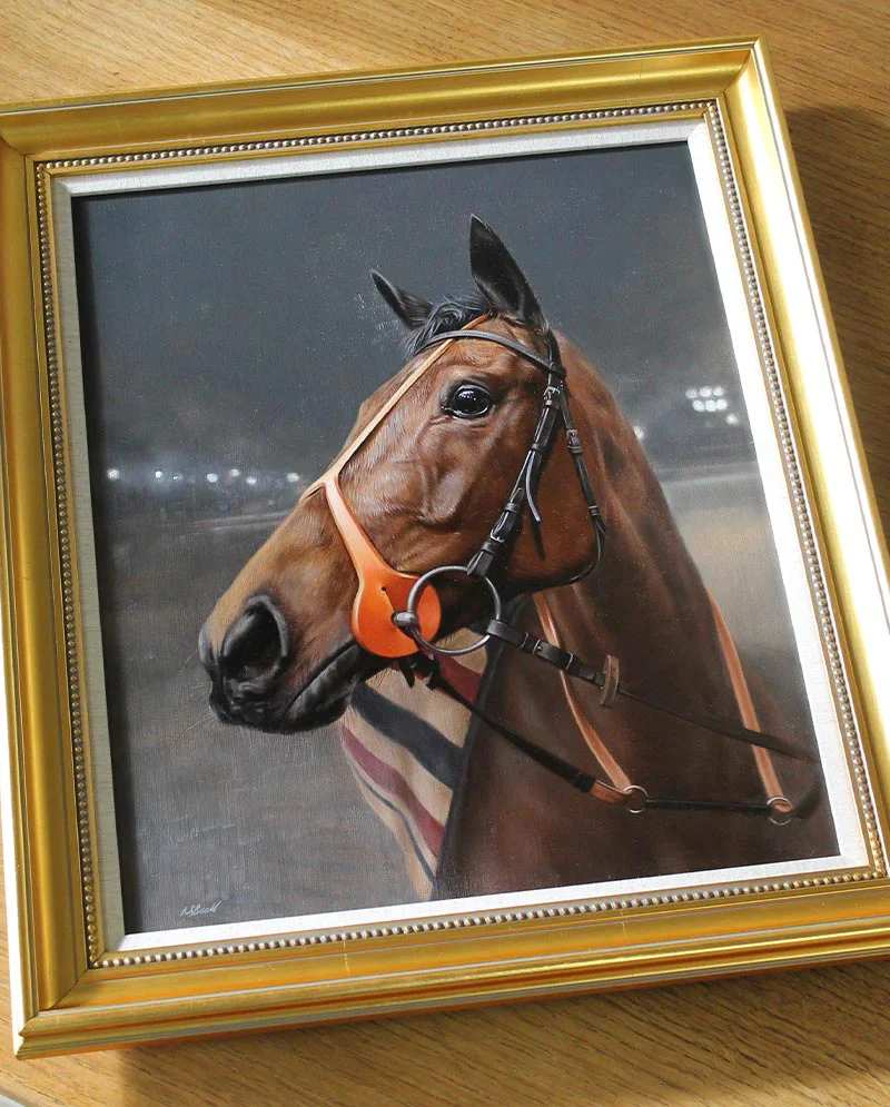 Race Horse Oil Painting Framed and Displayed, a focal point Amosite's oil painting framed and prominently displayed, showcasing its beauty