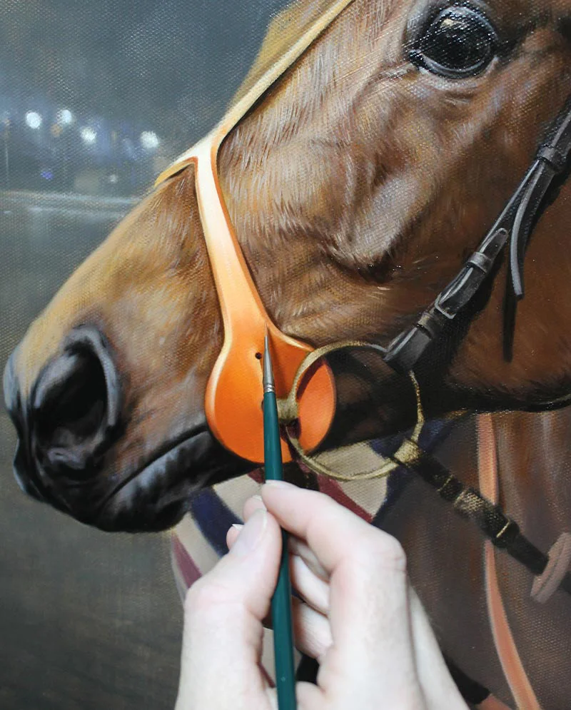 Fine Brushwork on Race Horse Oil Painting, for intricate details Close-up of fine brushwork on the oil painting of the race horse, showing texture