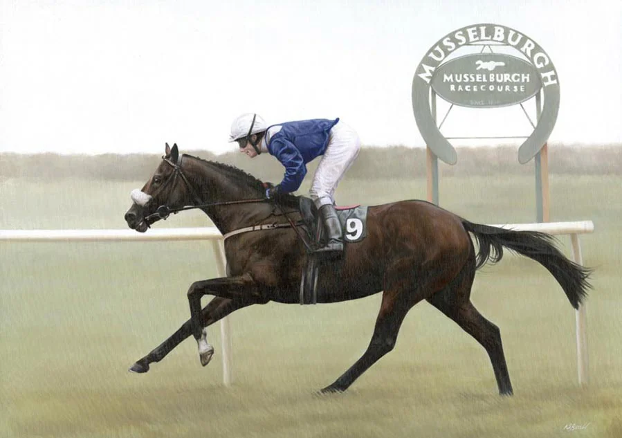 Completed Racehorse Portrait of Merchant of Dubai in Oils Full view of the finished oil painting of Merchant of Dubai, showcasing movement and detail